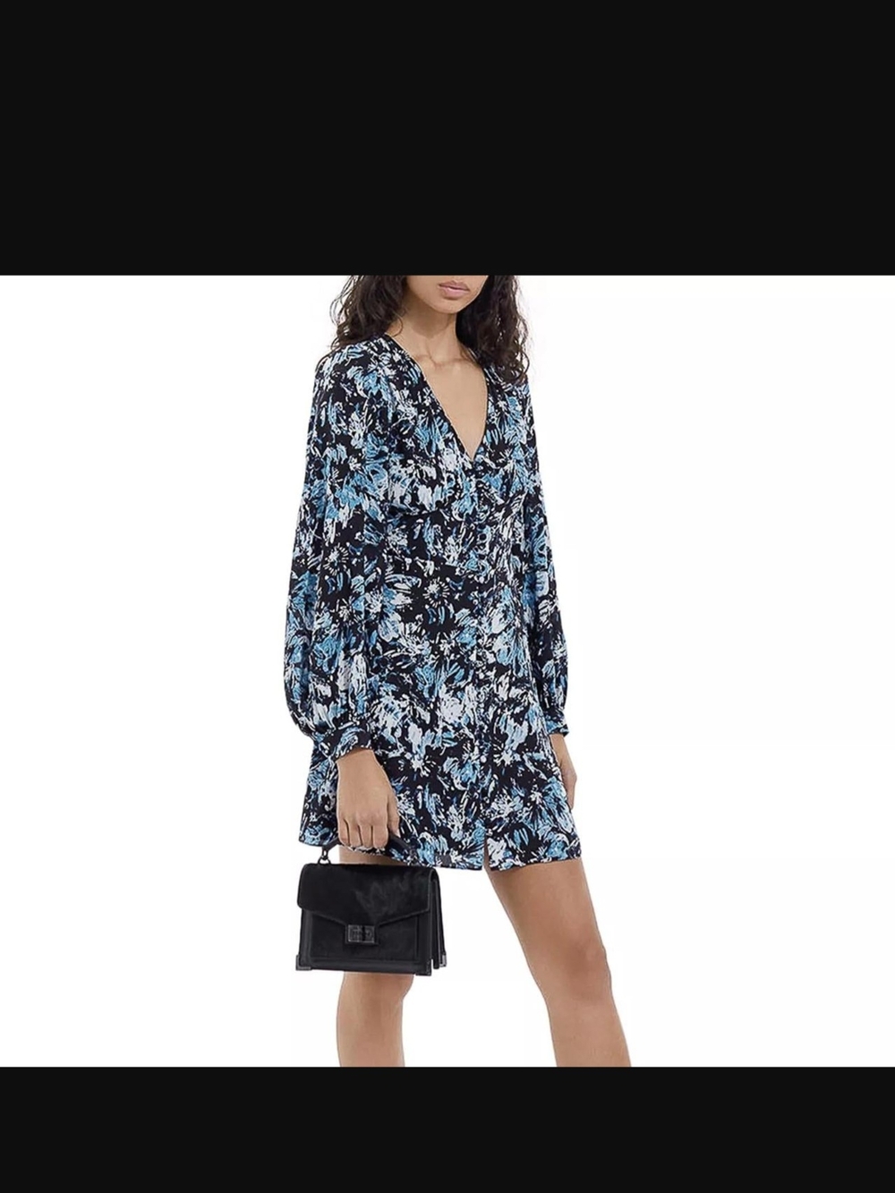 The Kooples Black and Light Blue Floral V-Neck Mini Dress